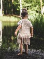 narzutka kardigan kamizelka dziergana boho lniana z frędzlami szara