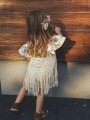 narzutka kardigan kamizelka dziergana boho lniana z frędzlami szara