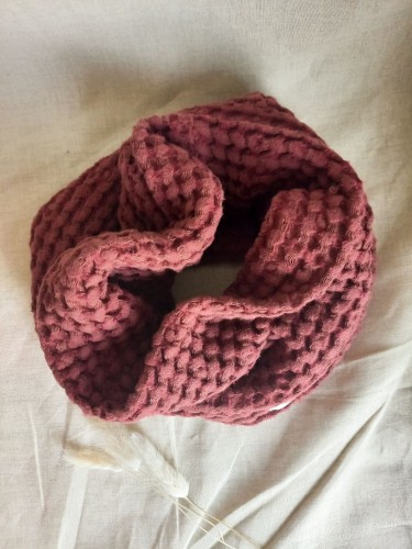 komin szalik szal akcesoria jesień zima bawełniany naturalny lniany wafelek len polska marka hand made komplet dla dziecka dla dzieci buraczkowy burak bordowy wiśniowy